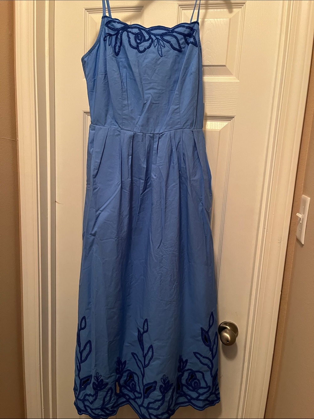Blue Embroidered Spaghetti-Strap Dress